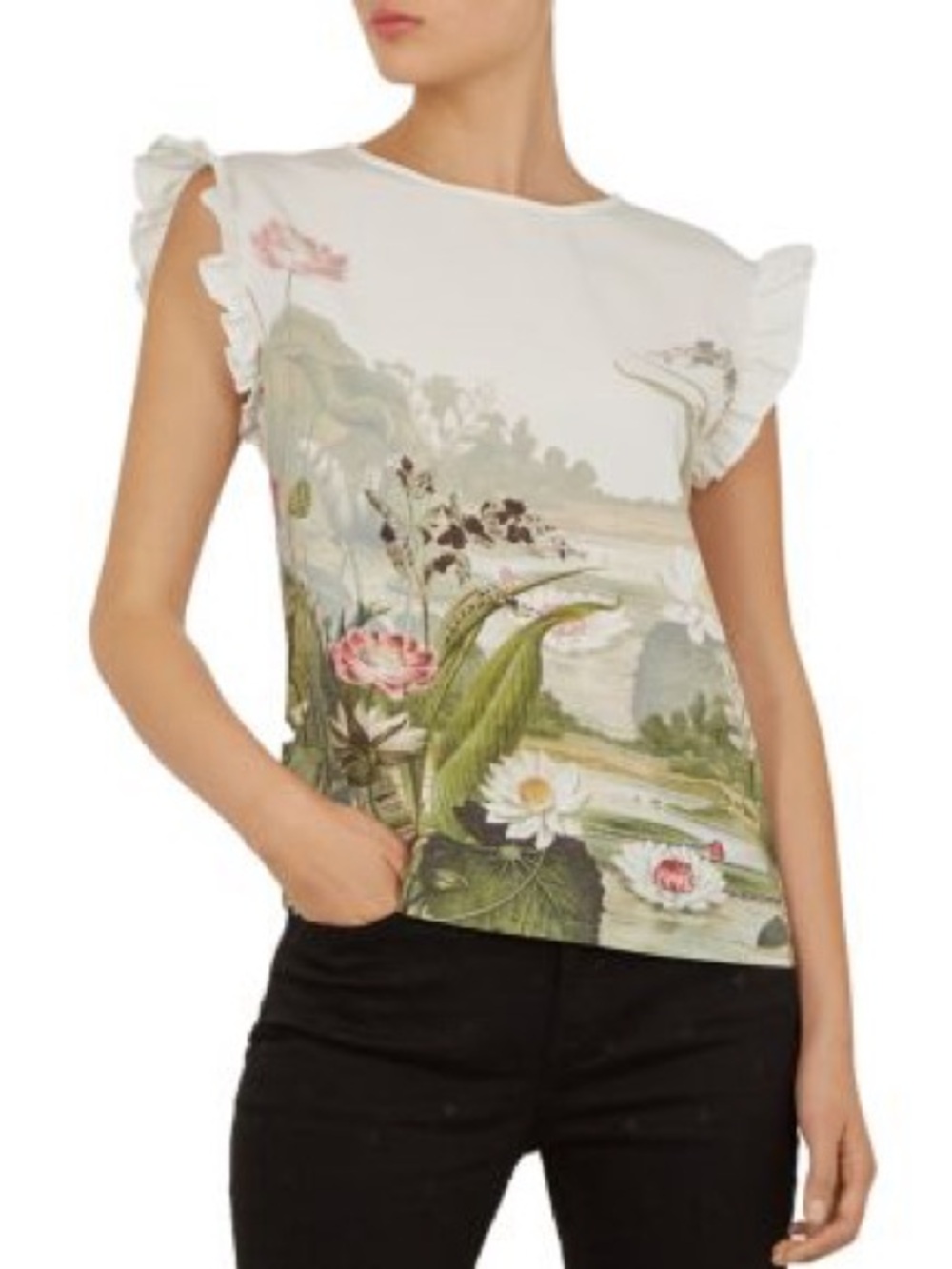 Ted Baker White Botanical Ruffle Sleeve Top